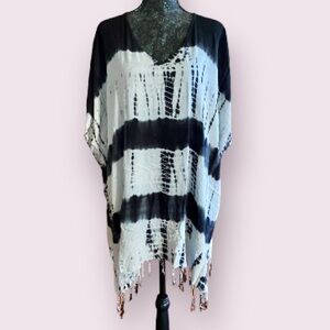 Beach by Exist Tie-Dye Fringe Dress Swim Cover-Up One Size in Black & Lt Blue